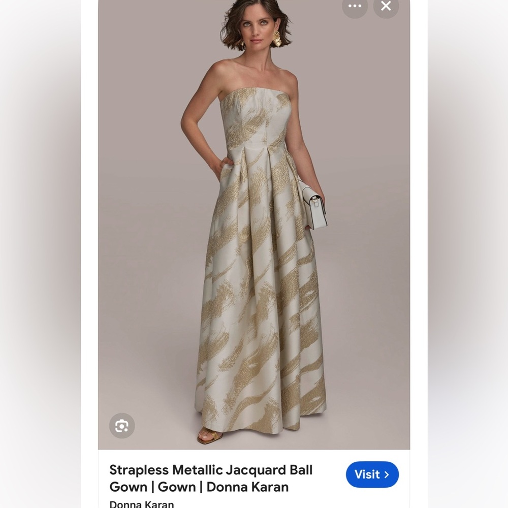 Donna Karan Strapless Metallic Jacquard Ball Gown in Ivory and Gold